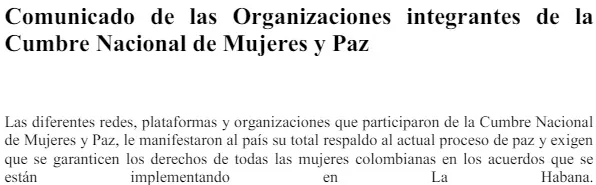 Comunicado de las Organizaciones integrantes de la Cumbre Nacional de Mujeres y Paz