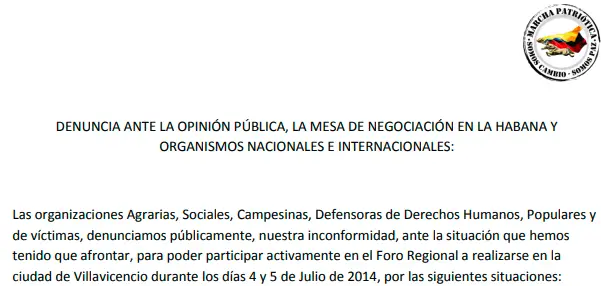 Denuncia ante la opinión pública, la mesa de negociación en la Habana y organismos nacionales e internacionales