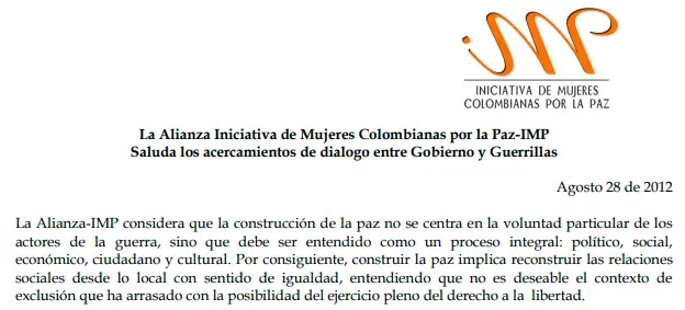 La Alianza Iniciativa de Mujeres Colombianas por la Paz-IMP Saluda los acercamientos de dialogo entre Gobierno y Guerrillas