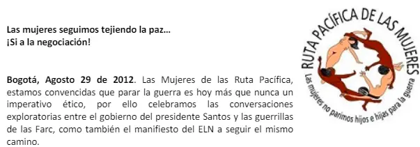 Las mujeres seguimos tejiendo la paz ¡Si a la negociación!