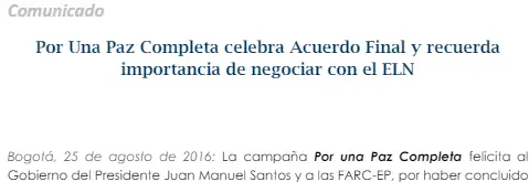 Por Una Paz Completa celebra Acuerdo Final y recuerda importancia de negociar con el ELN
