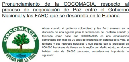 Pronunciamiento de la COCOMACIA, respecto al proceso de negociación de paz entre el Gobierno Nacional y las FARC que se desarrolla en la Habana