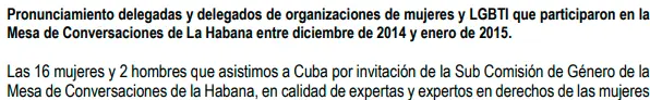 Pronunciamiento delegadas y delegados de organizaciones de mujeres y LGBTI que participaron en la Mesa de Conversaciones de La Habana entre diciembre de 2014 y enero de 2015