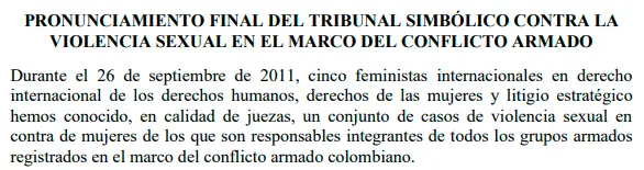 Pronunciamiento final del Tribunal Simbólico contra la violencia sexual en el marco del conflicto armado